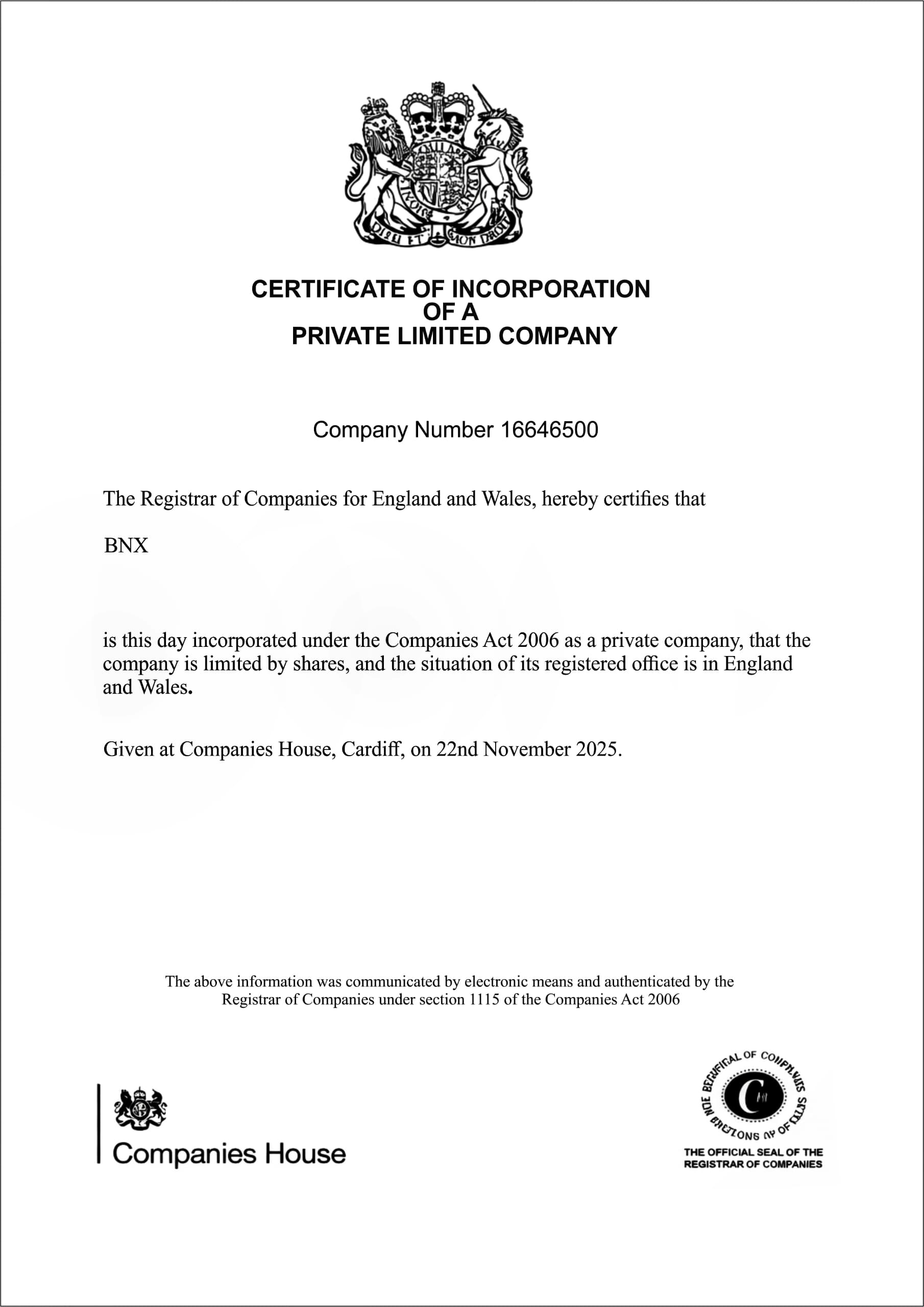 Official BNX Registration Certificate